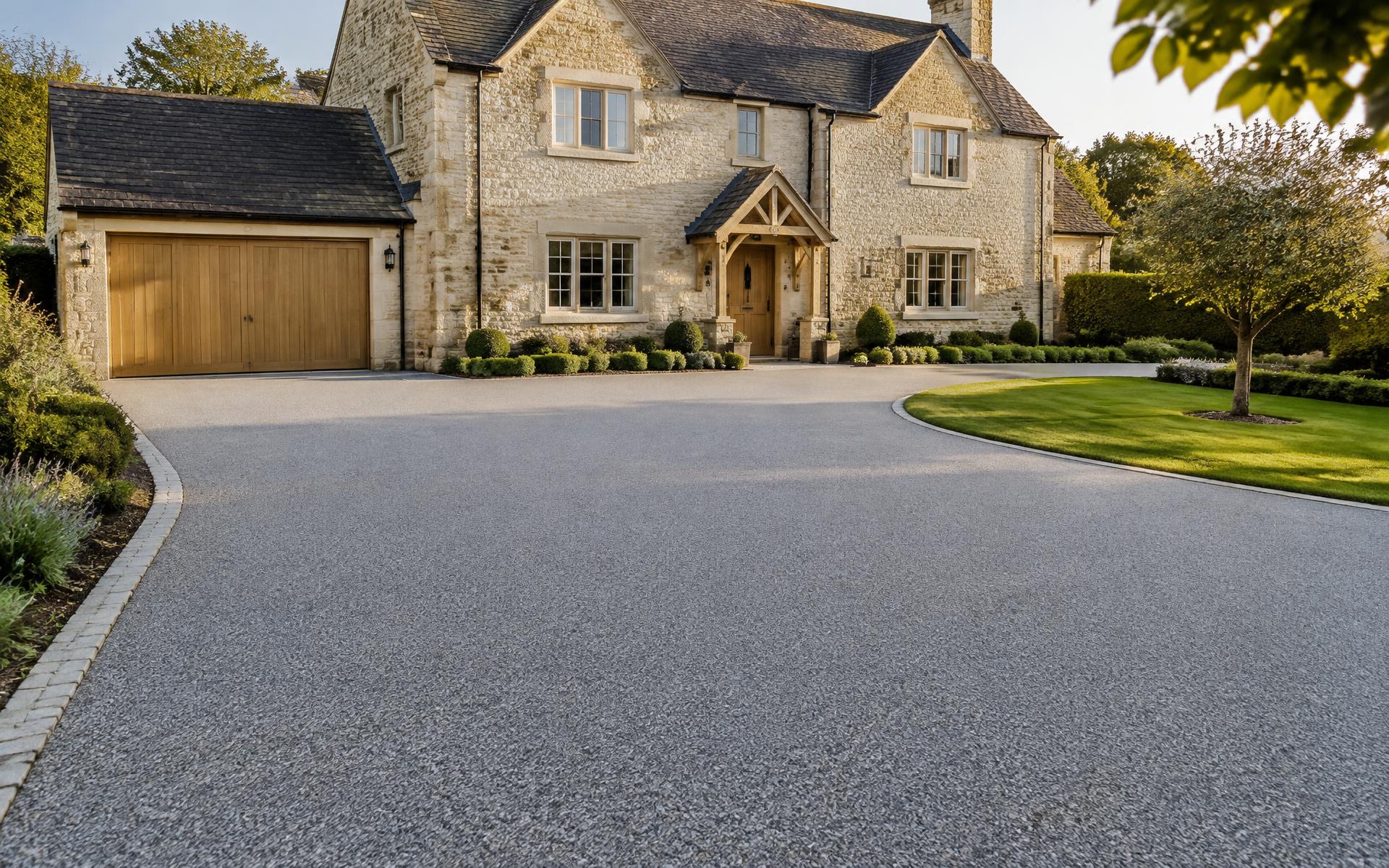 Smooth grey resin bound driveway in front of a Wiltshire stone house
